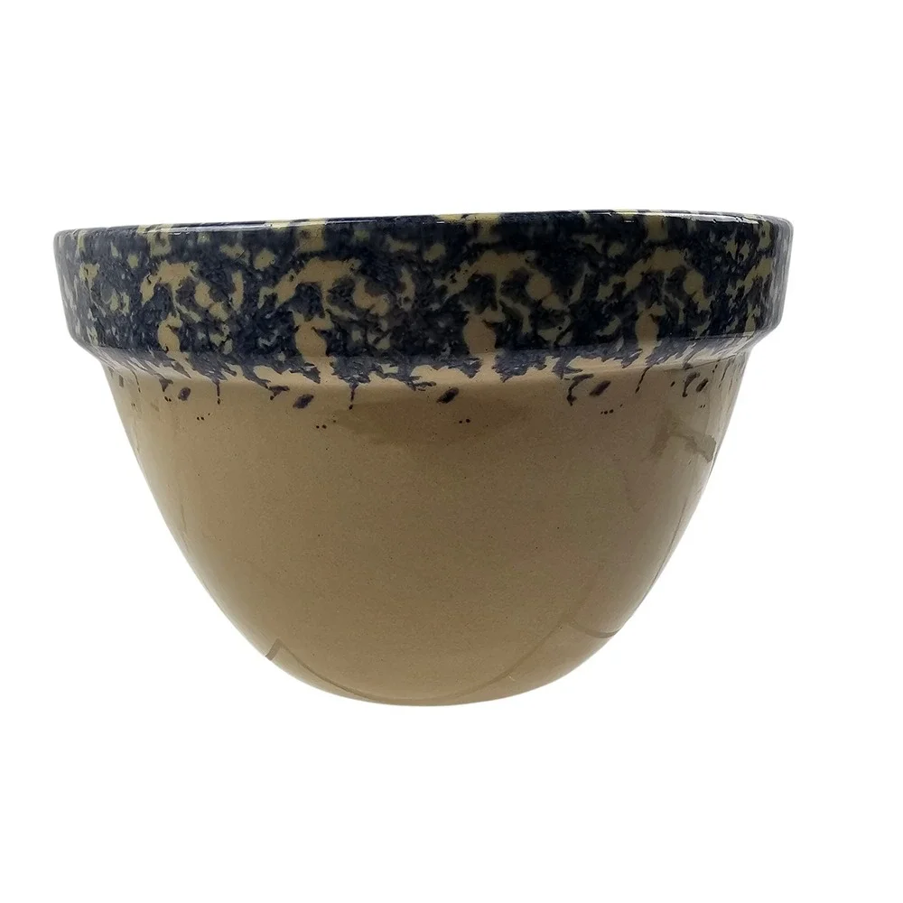 Vintage RRP Stoneware Mixing Bowl Tan Blue Spongeware Wheat Motif 9 Inch Round